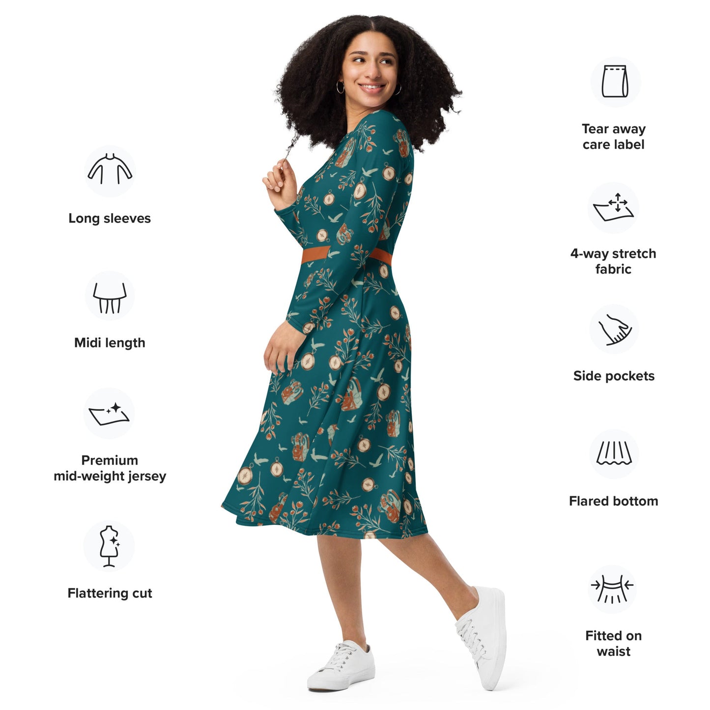 Backpacker Print Long Sleeve Adventure Dress with Pockets - Appalachian Bittersweet -