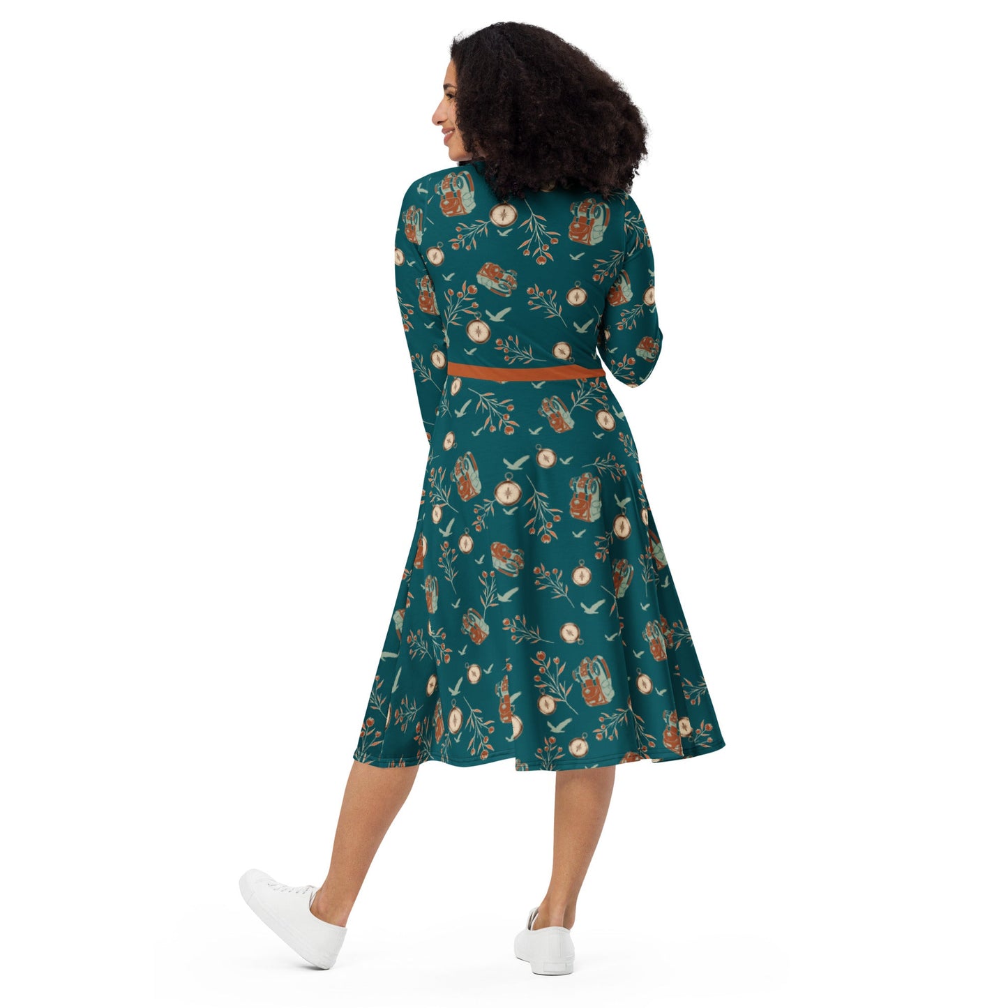 Backpacker Print Long Sleeve Adventure Dress with Pockets - Appalachian Bittersweet -