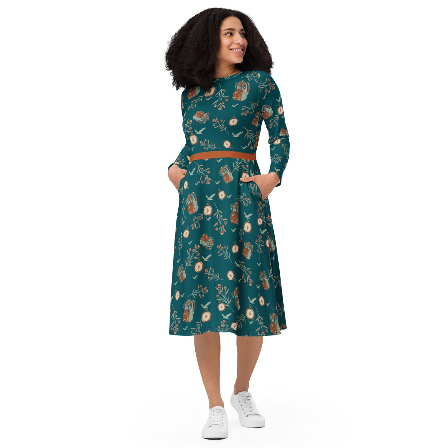Backpacker Print Long Sleeve Adventure Dress with Pockets - Appalachian Bittersweet -