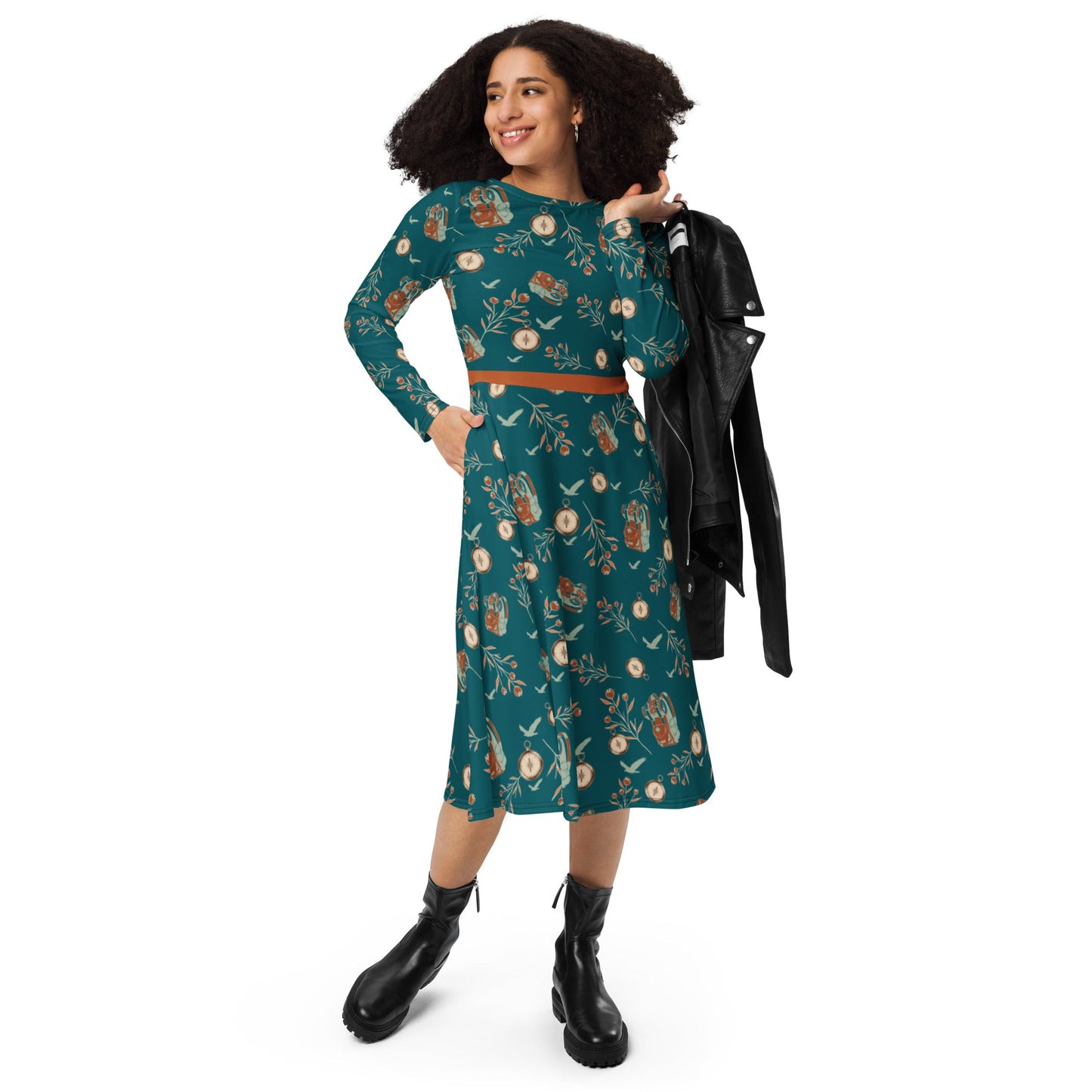 Backpacker Print Long Sleeve Adventure Dress with Pockets - Appalachian Bittersweet -