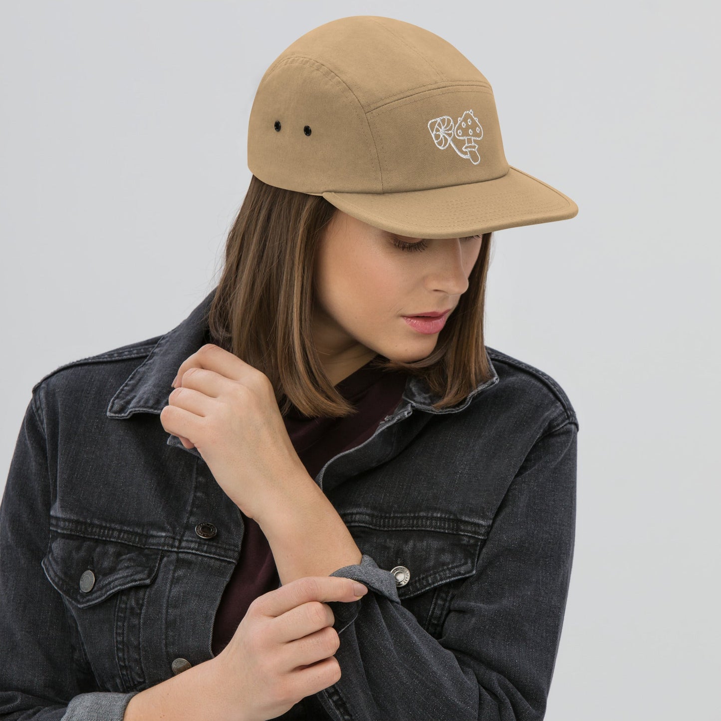Embroidered Mushrooms Five Panel Camper Cap - Appalachian Bittersweet - 5 panel camper