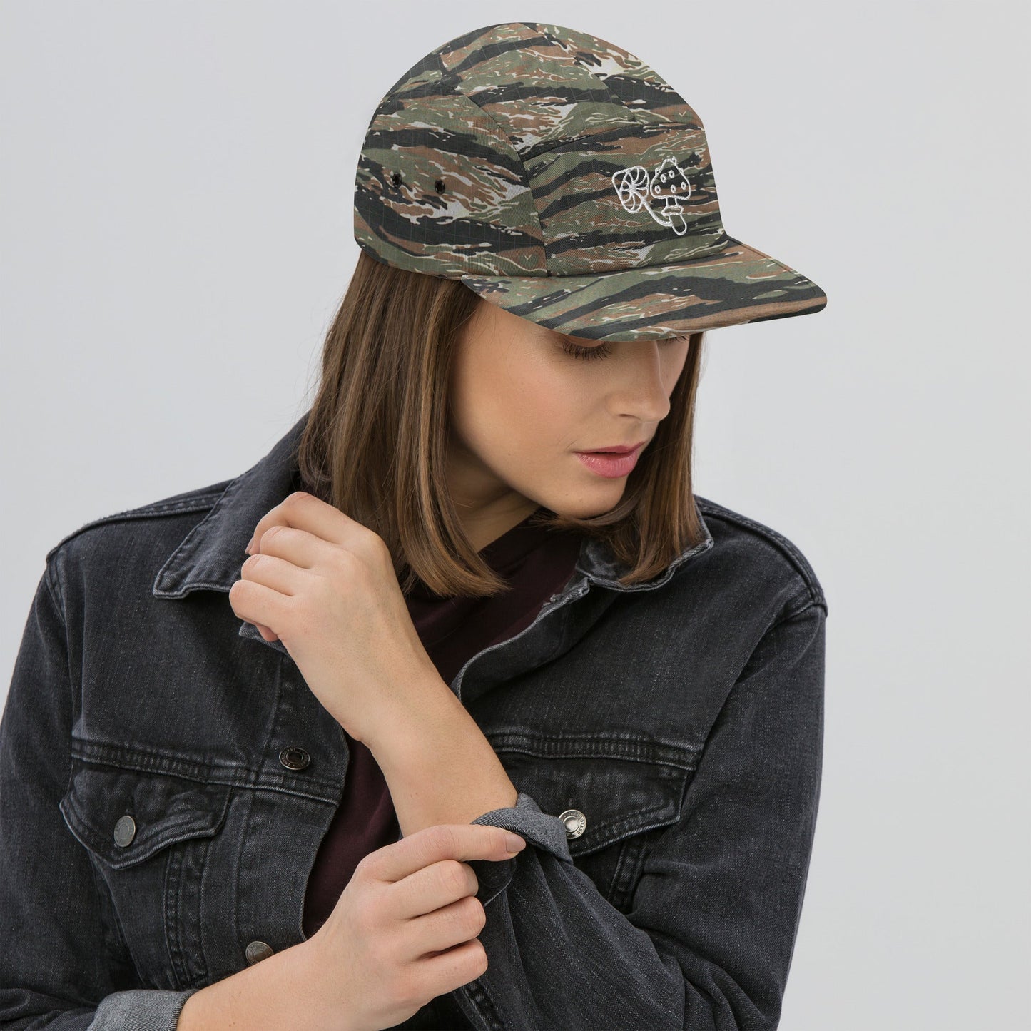 Embroidered Mushrooms Five Panel Camper Cap - Appalachian Bittersweet - 5 panel camper