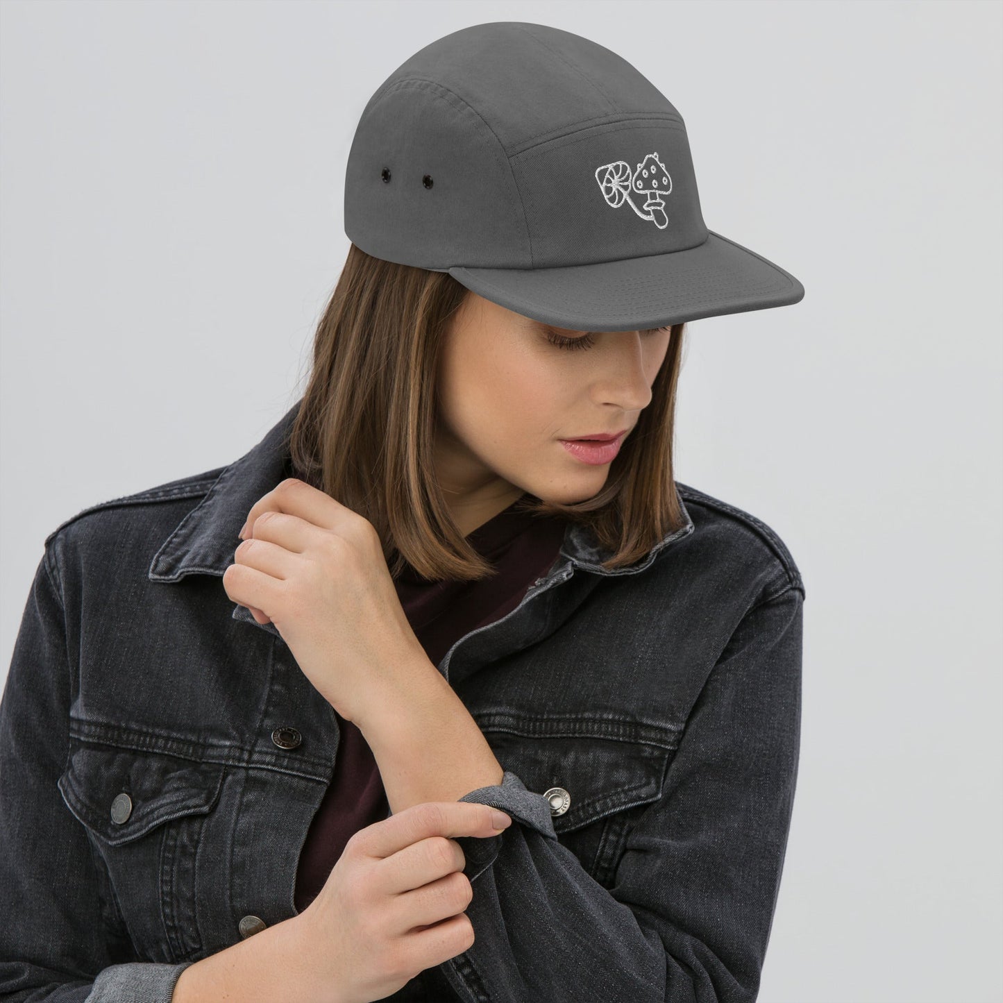 Embroidered Mushrooms Five Panel Camper Cap - Appalachian Bittersweet - 5 panel camper