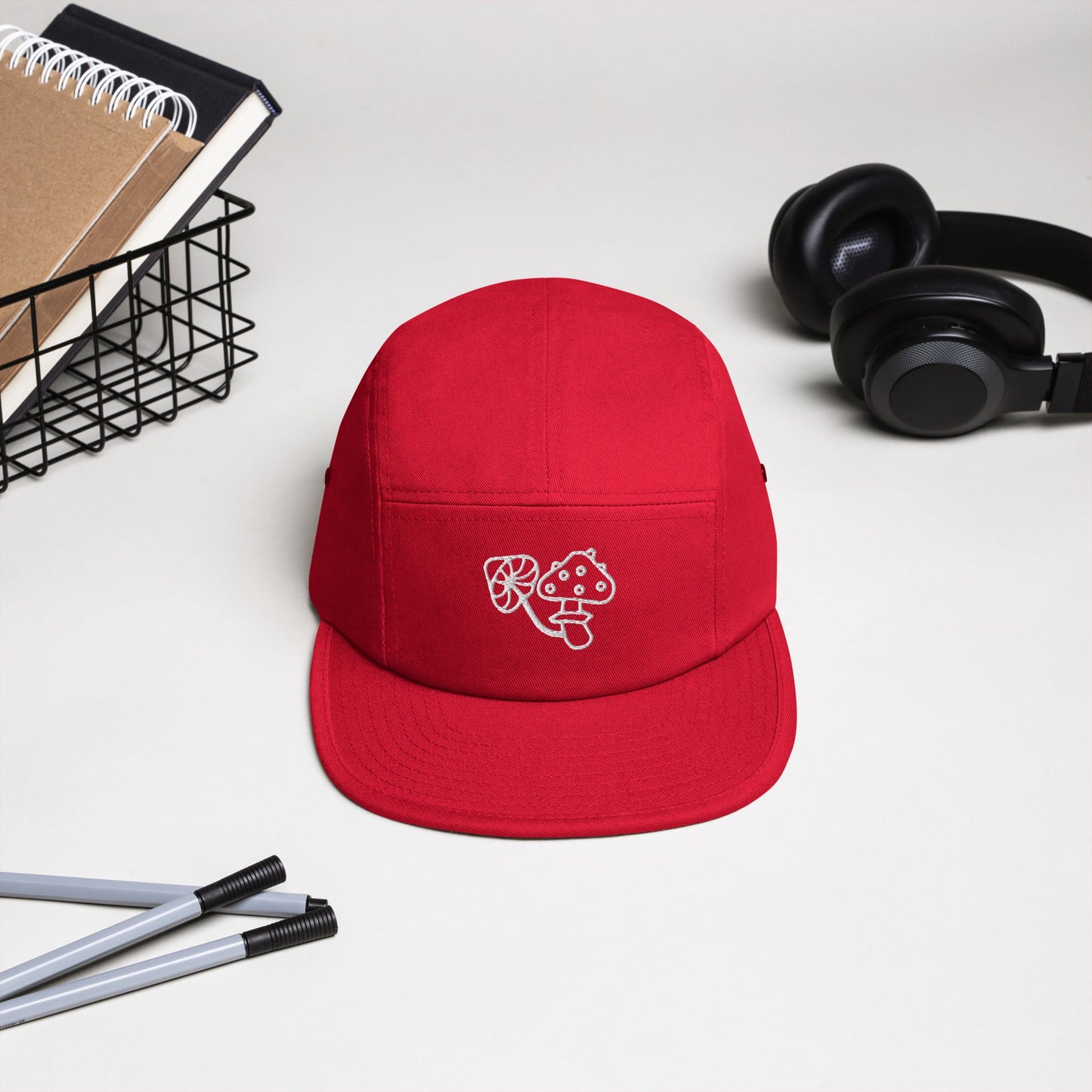 Embroidered Mushrooms Five Panel Camper Cap - Appalachian Bittersweet - 5 panel camper