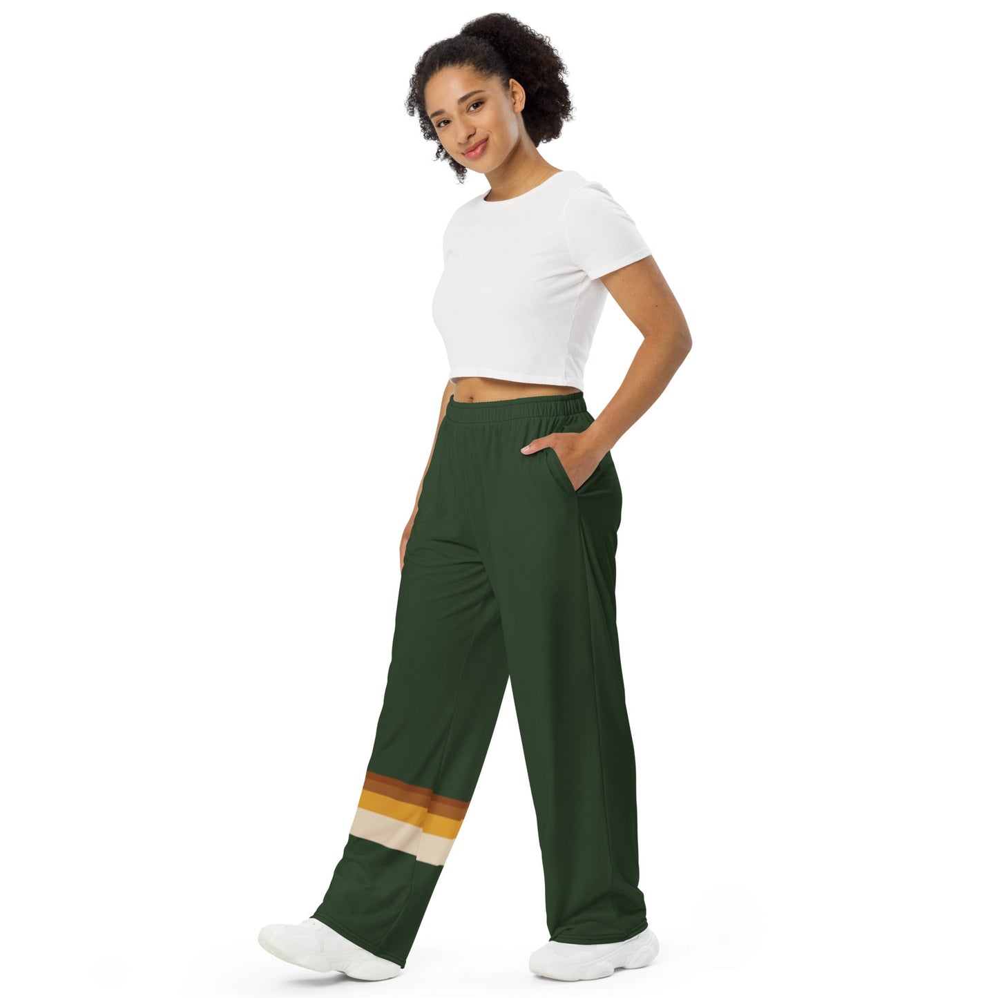 Green Retro Stripe Unisex Wide Leg Flowy Pants - Appalachian Bittersweet - Pants