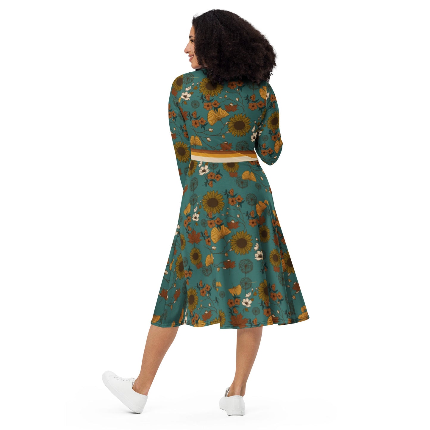 Retro Sunflower Long Sleeve Adventure Dress with Pockets - Appalachian Bittersweet -