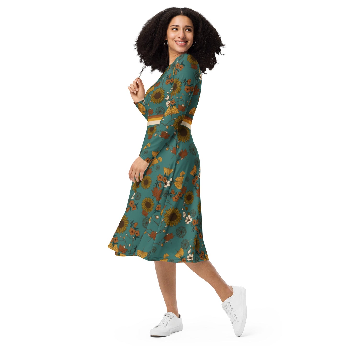 Retro Sunflower Long Sleeve Adventure Dress with Pockets - Appalachian Bittersweet -