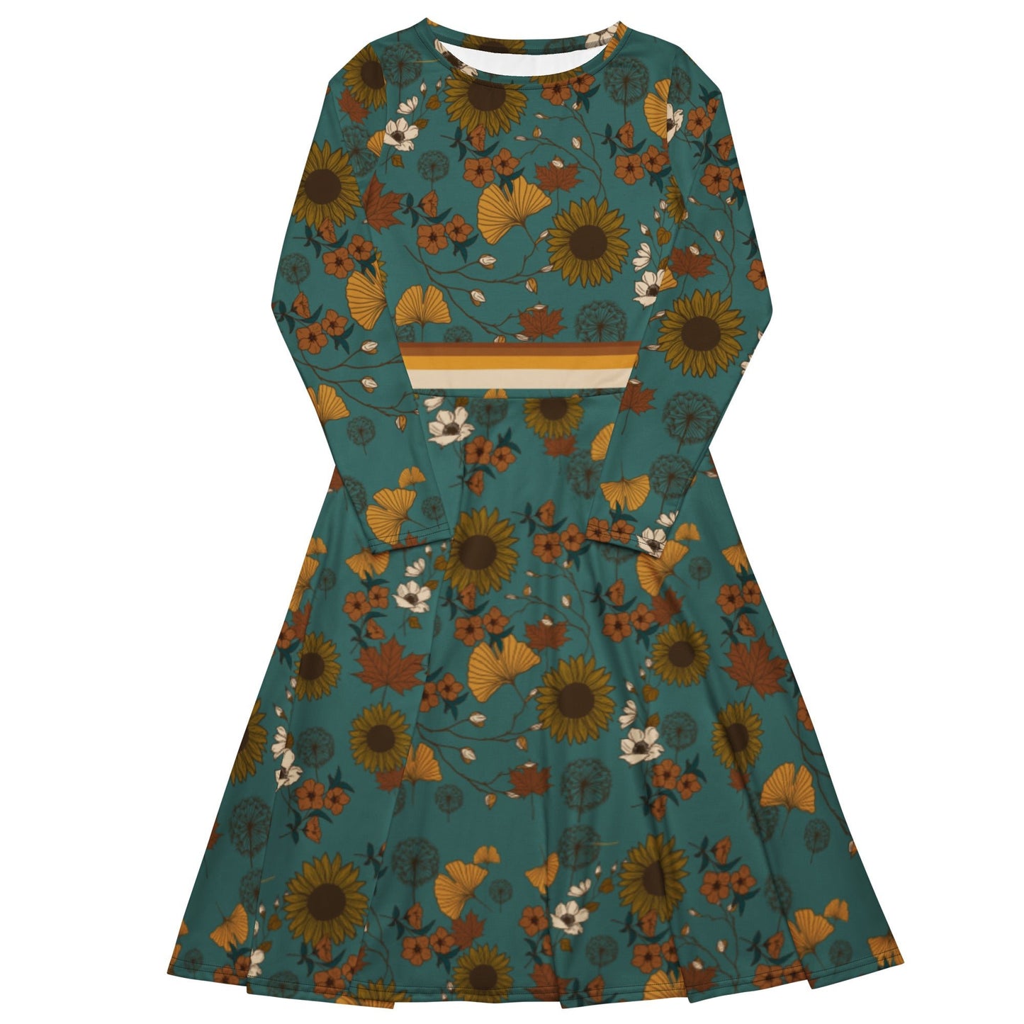 Retro Sunflower Long Sleeve Adventure Dress with Pockets - Appalachian Bittersweet -