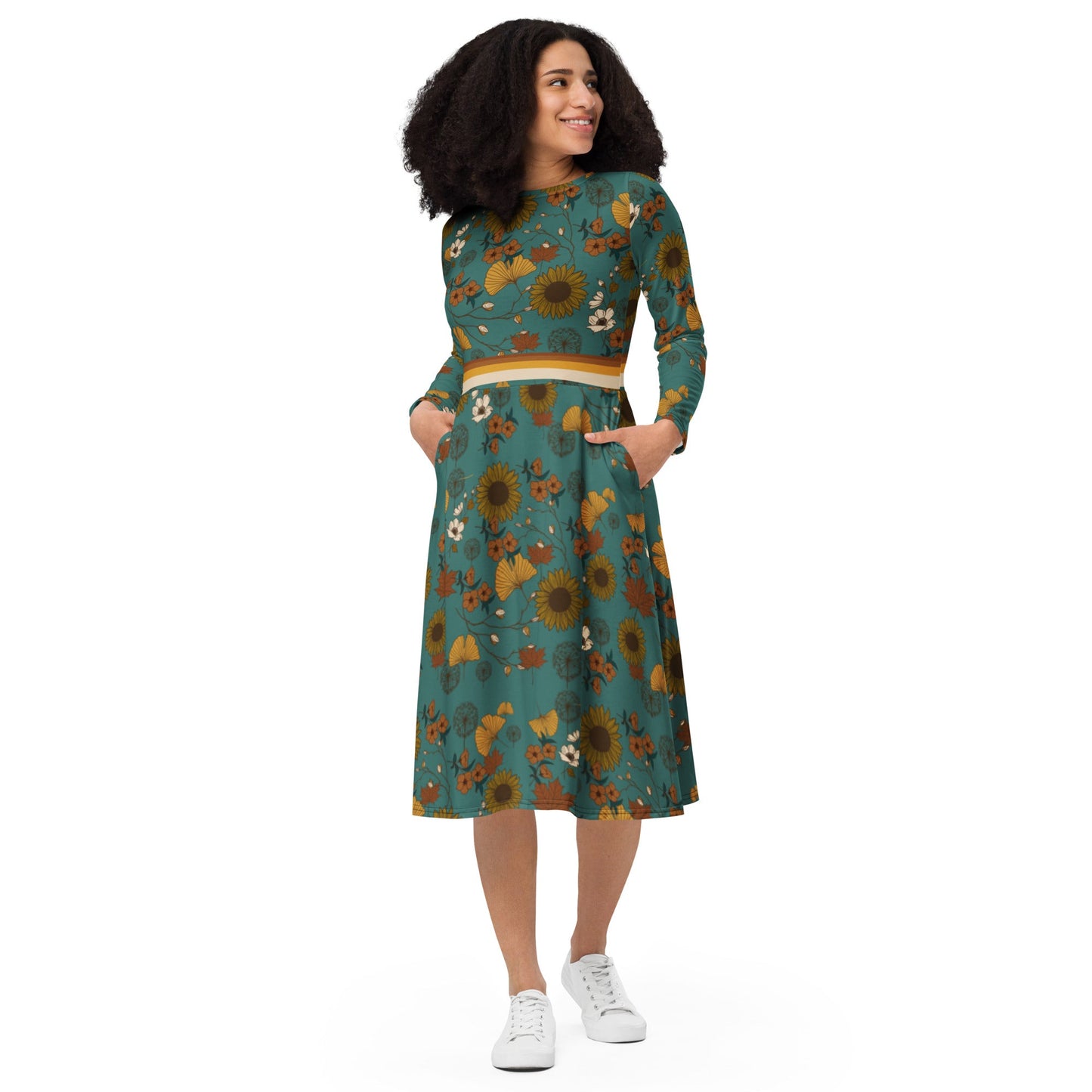 Retro Sunflower Long Sleeve Adventure Dress with Pockets - Appalachian Bittersweet -