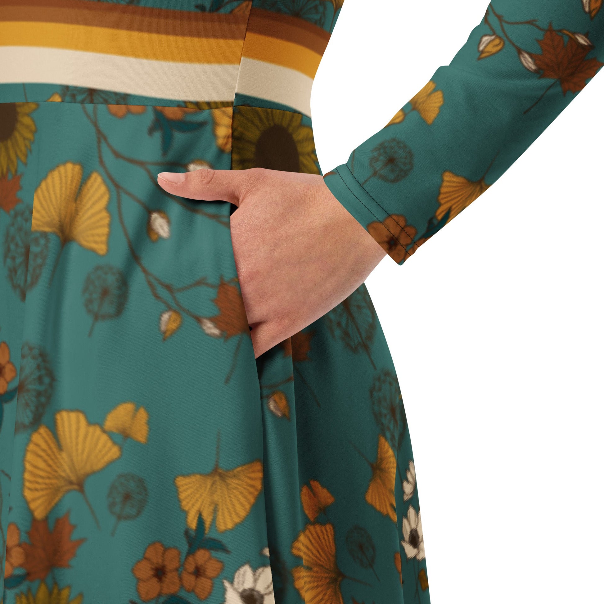 Retro Sunflower Long Sleeve Adventure Dress with Pockets - Appalachian Bittersweet -