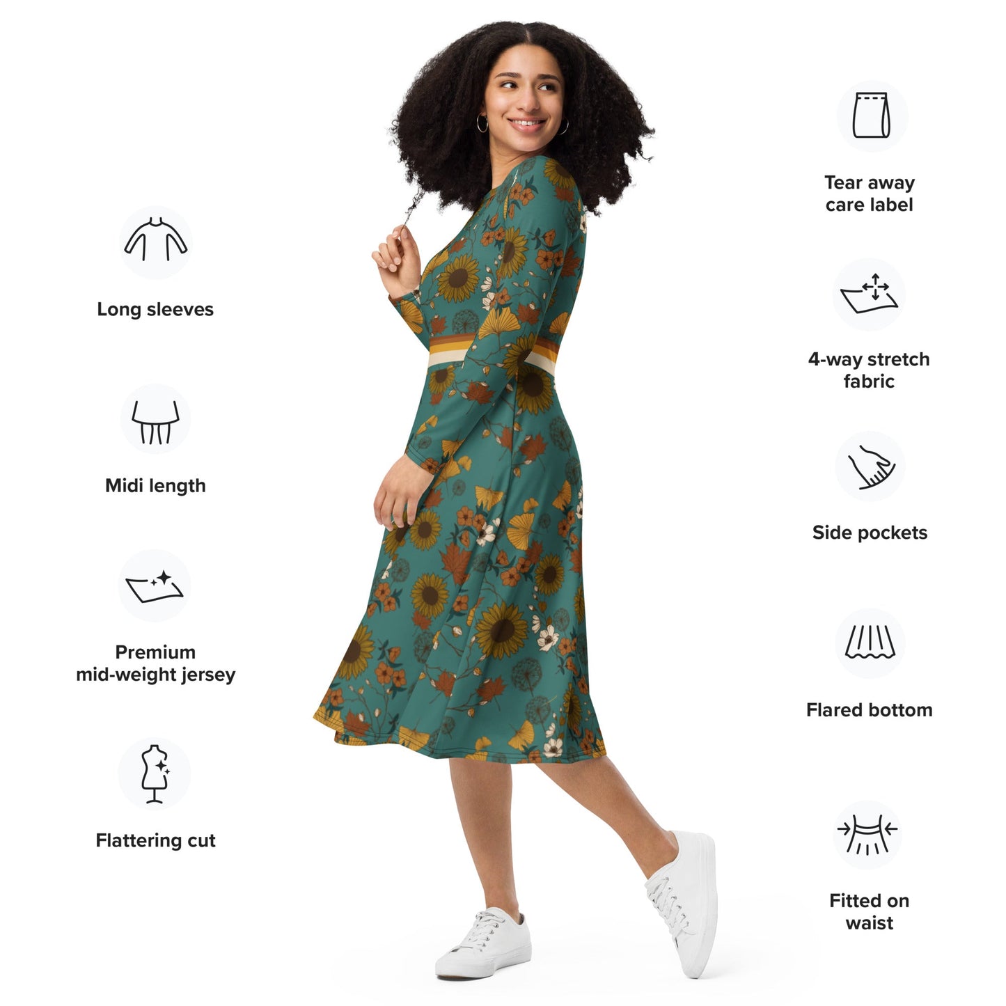 Retro Sunflower Long Sleeve Adventure Dress with Pockets - Appalachian Bittersweet -
