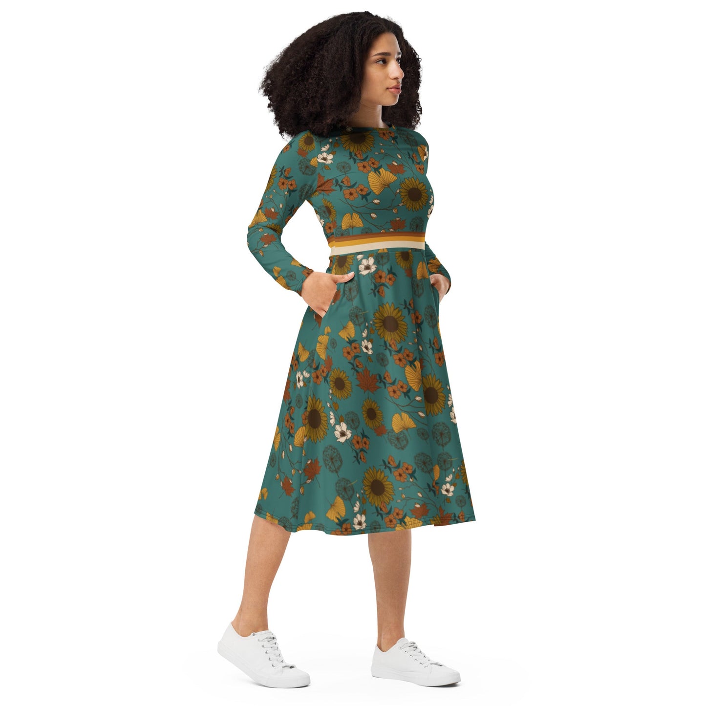 Retro Sunflower Long Sleeve Adventure Dress with Pockets - Appalachian Bittersweet -