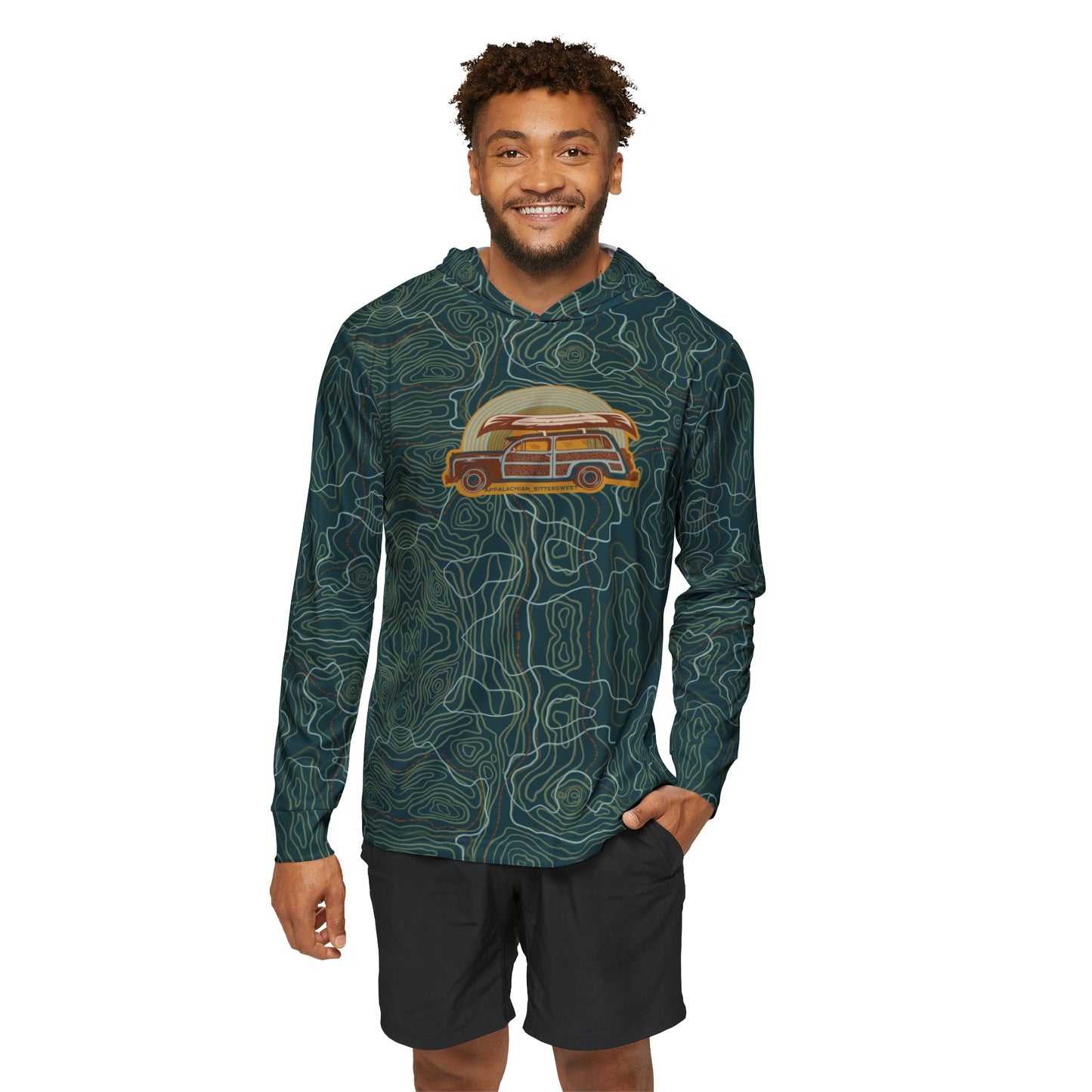 Retro Topo Map Long Sleeve Hooded UPF Sun Shirt - Appalachian Bittersweet - All Over Prints