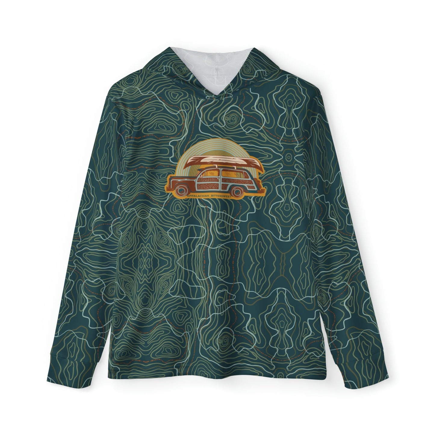 Retro Topo Map Long Sleeve Hooded UPF Sun Shirt - Appalachian Bittersweet - All Over Prints