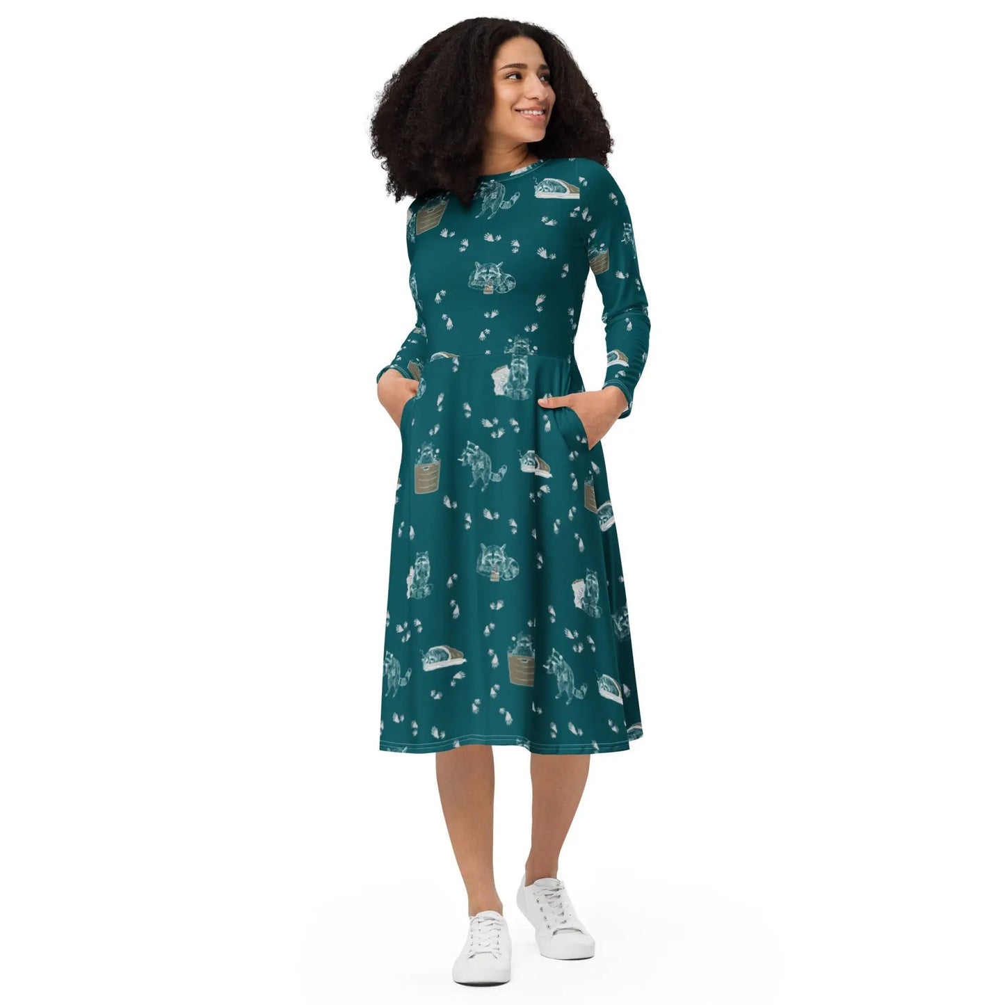 Trash Panda (Raccoon) Long Sleeve Adventure Dress with pockets - Appalachian Bittersweet -