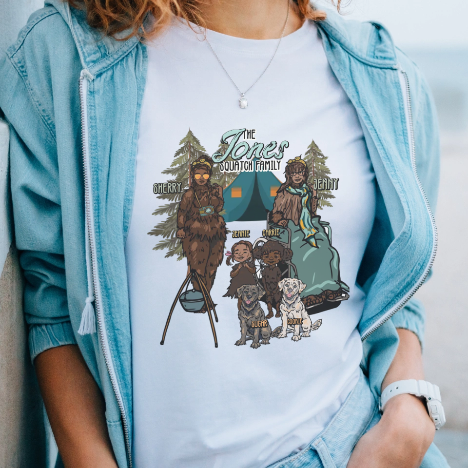 OPTIMIZE_BACKUP_PRODUCT_woman wearing a personalized Bigfoot family tshirt under a blue denim zipper jacket outside