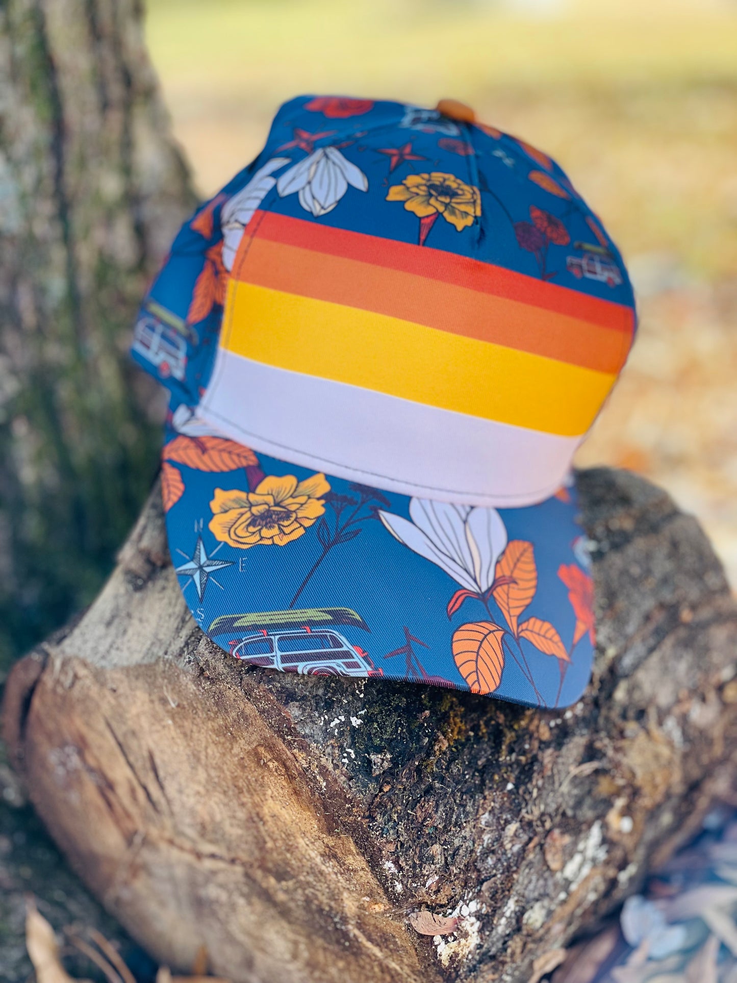 Magnolia Stripe Nature Print Hiking Hat | Retro Snapback Cap