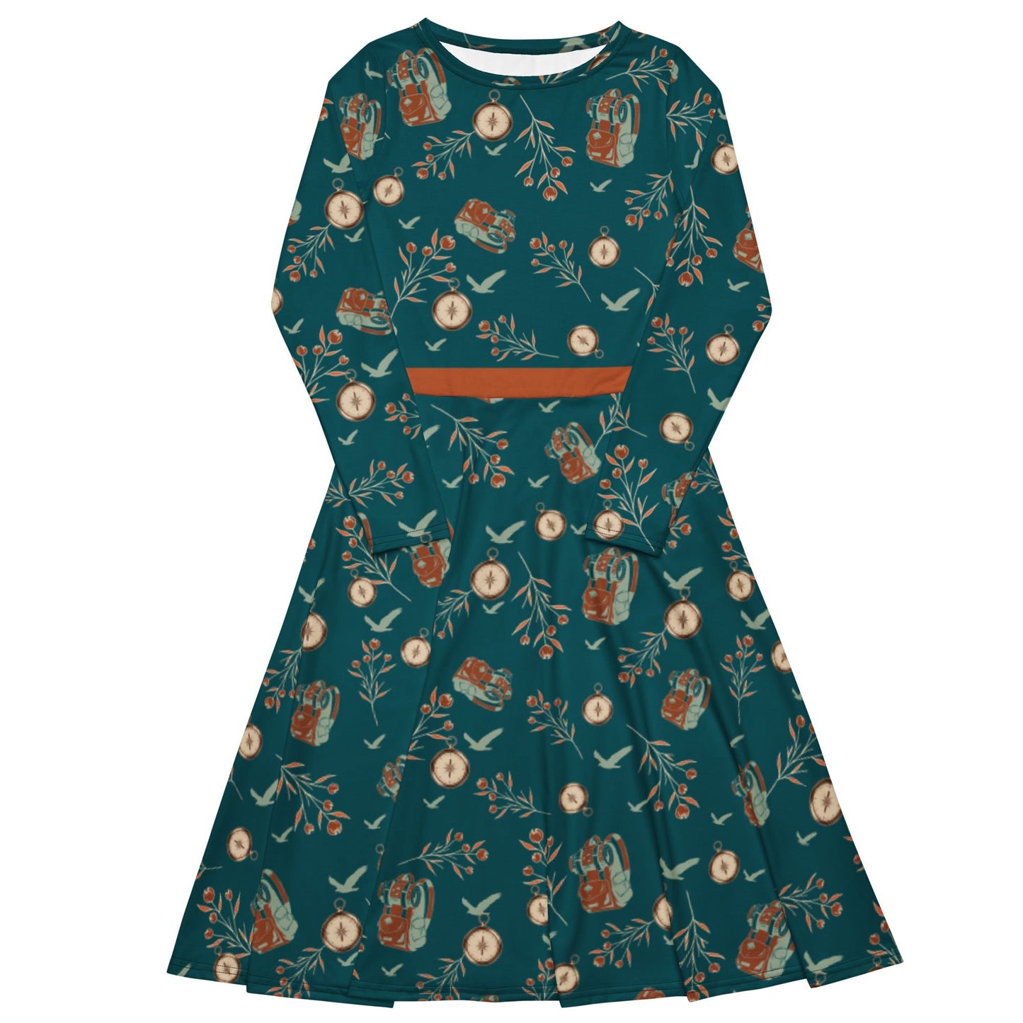Backpacker Print Long Sleeve Adventure Dress with Pockets - Appalachian Bittersweet -