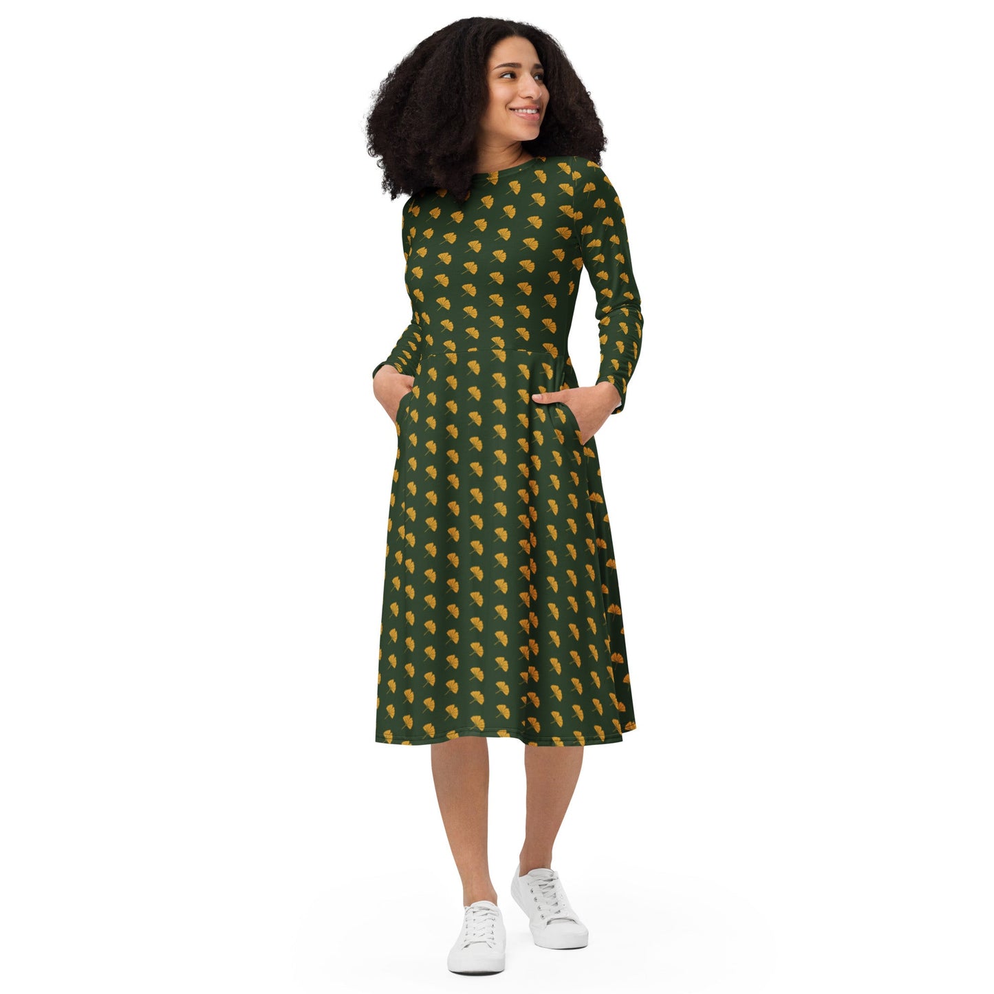 Ginkgo Leaf Long Sleeve Adventure Dress with pockets - Appalachian Bittersweet -