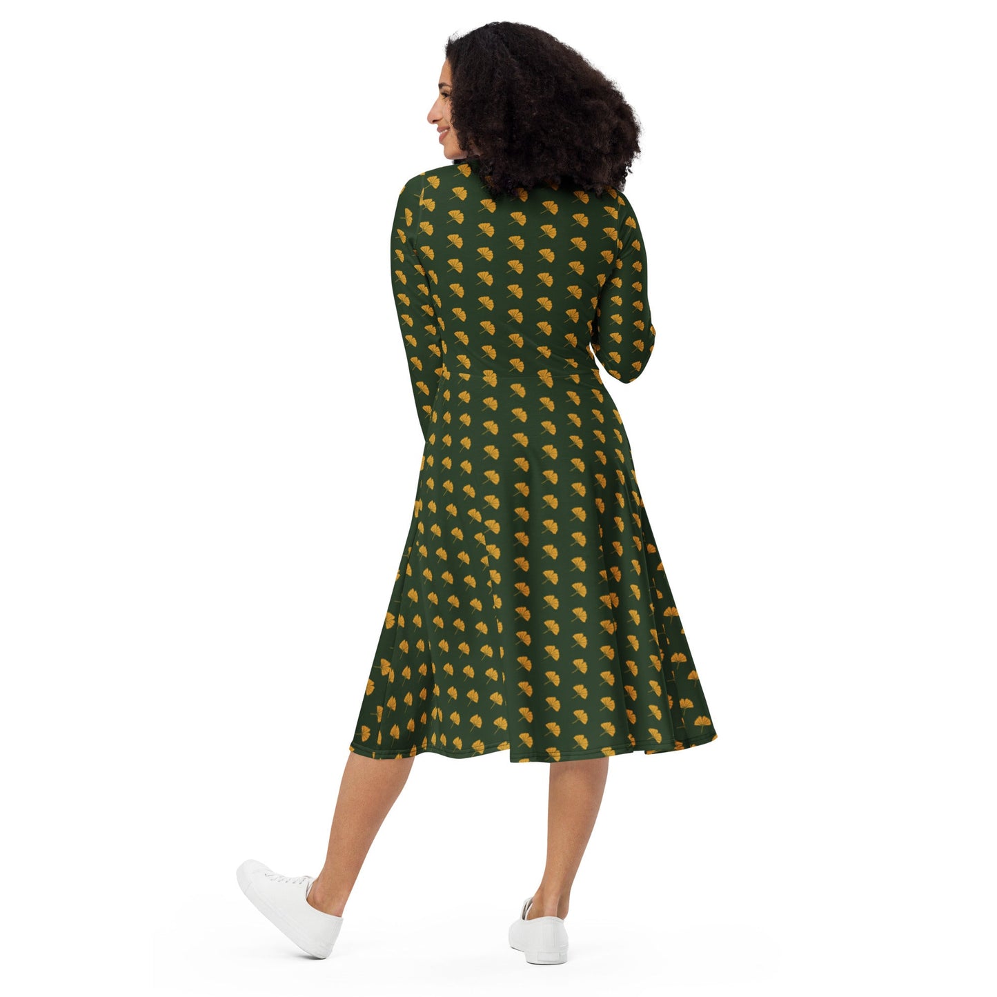 Ginkgo Leaf Long Sleeve Adventure Dress with pockets - Appalachian Bittersweet -