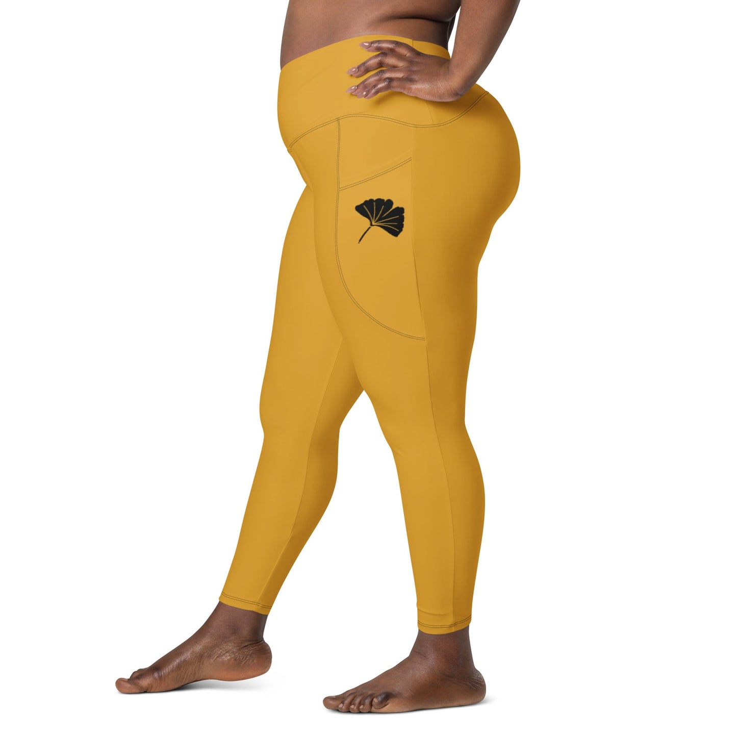 Gold Ginkgo Leaf CROSSOVER leggings with pockets - Appalachian Bittersweet - Crossover Waist