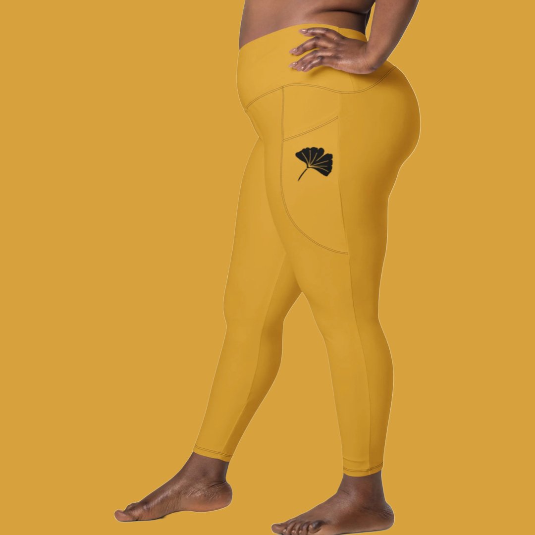 Gold Ginkgo Leaf CROSSOVER leggings with pockets - Appalachian Bittersweet - Crossover Waist