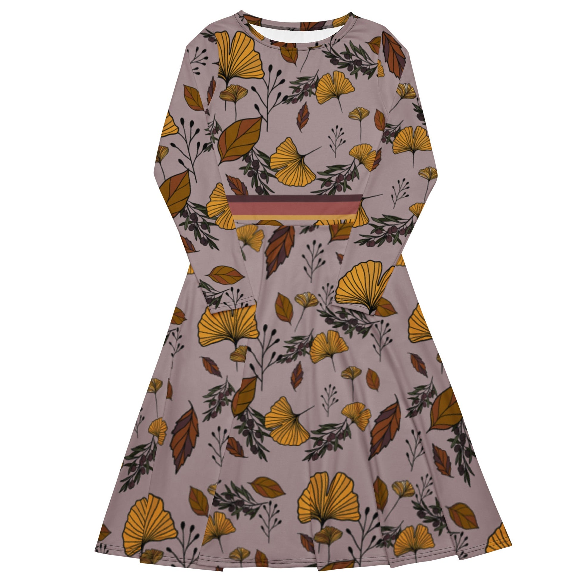 Retro Autumn Leaves Long Sleeve Adventure Dress with Pockets - Appalachian Bittersweet -