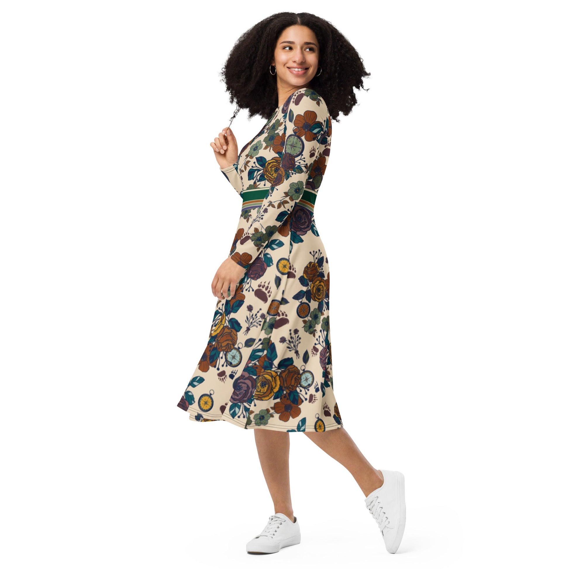 Retro Compass Floral Long Sleeve Adventure Dress with Pockets - Appalachian Bittersweet -