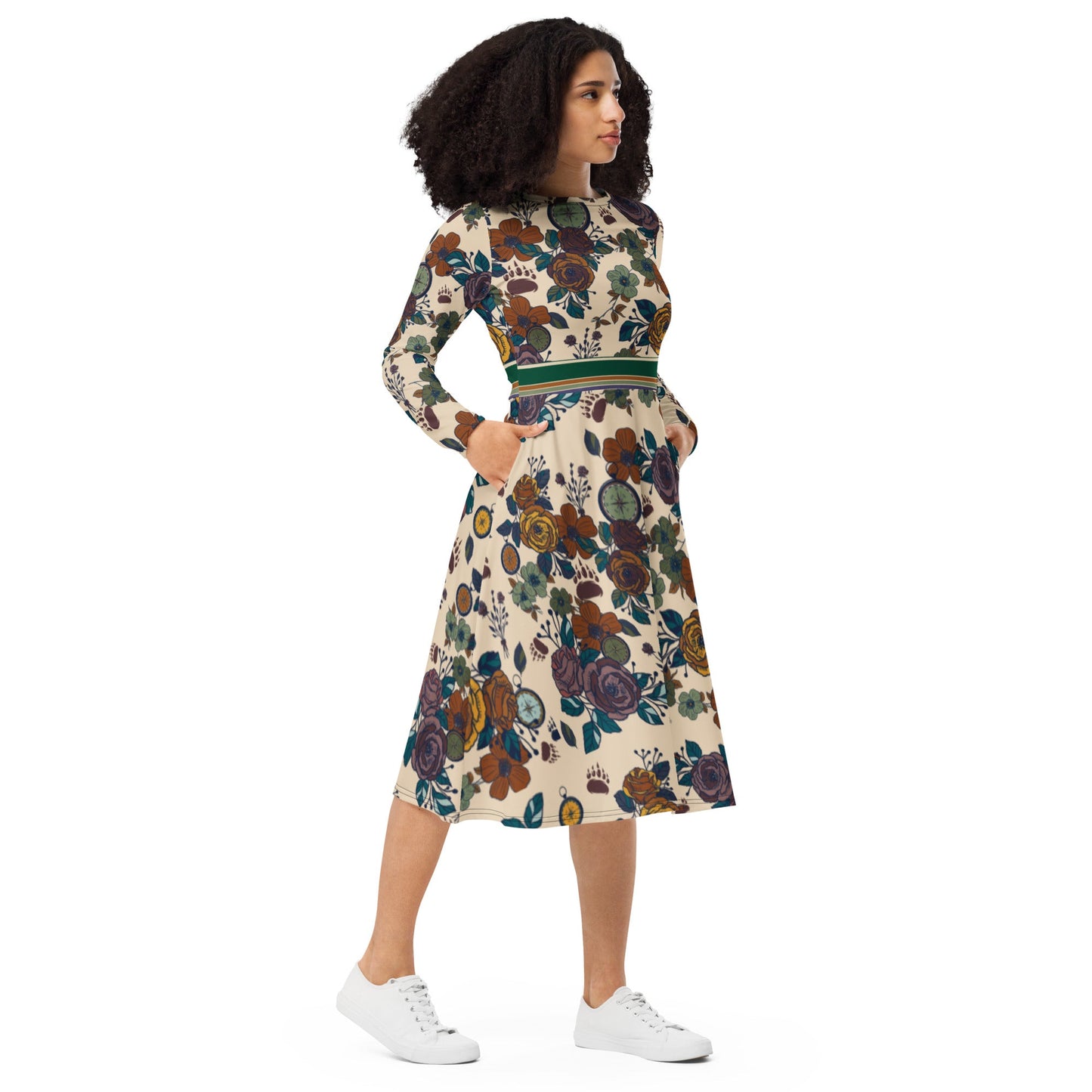 Retro Compass Floral Long Sleeve Adventure Dress with Pockets - Appalachian Bittersweet -