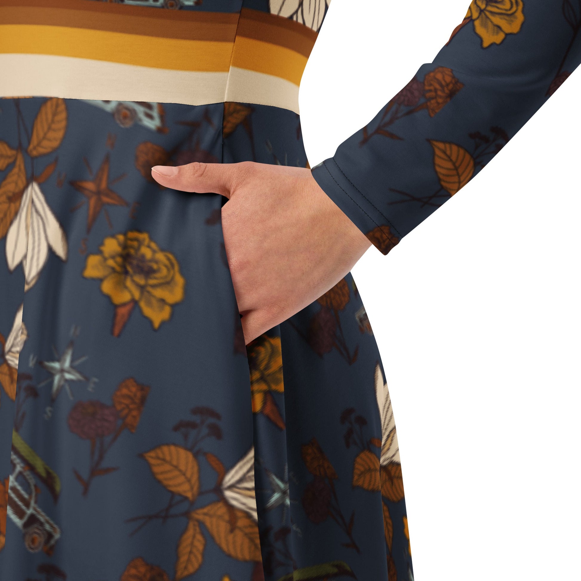 Retro Magnolia Blossom Long Sleeve Dress with Pockets - Appalachian Bittersweet -