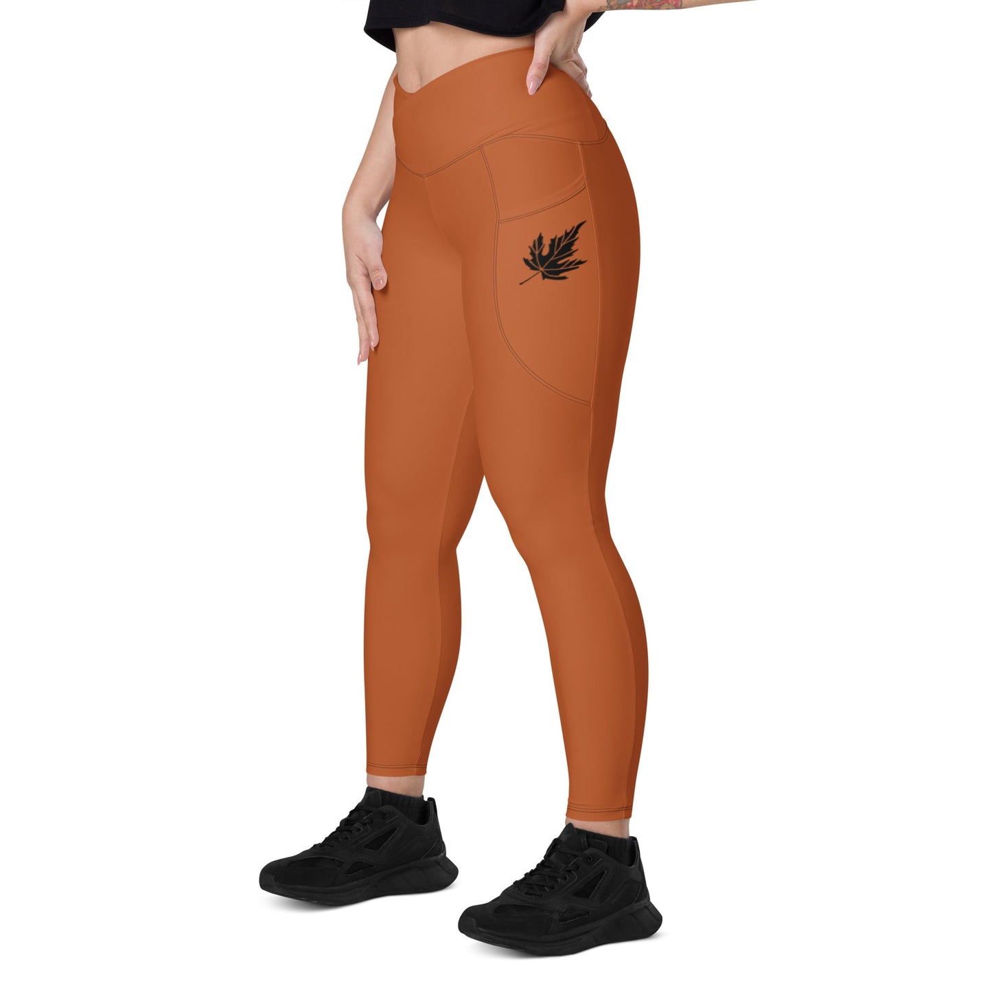 Rust Maple Leaf CROSSOVER leggings with pockets - Appalachian Bittersweet - Crossover Waist